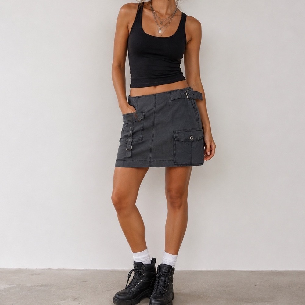 Free People Utility Cargo Mini Skirt Gray Belted Cotton Size 2 Moto Grunge